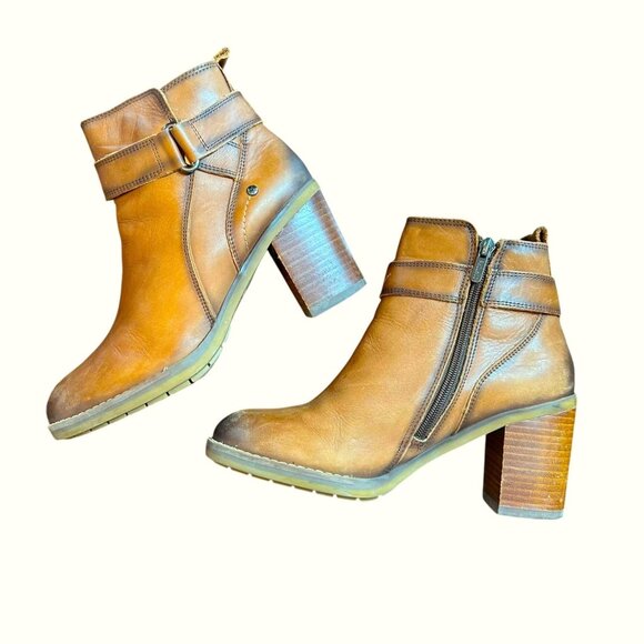 Pikolinos Leather Ankle Boots Cognac Brown Block Heel Zip Strap Detail Size 39 - Picture 3 of 12